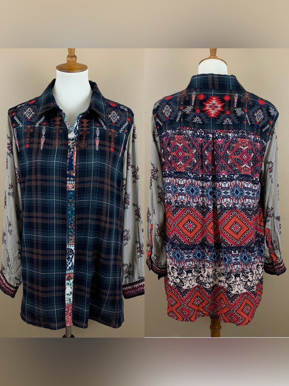John Mark Shirt Womens Large Mixed Print Plaid Embroidered Western Boho Tunic